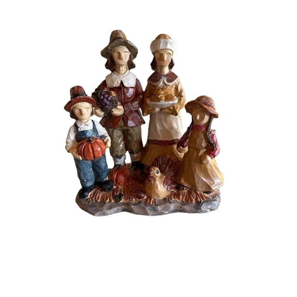 Thanksgiving Pilgram Family Turkey Pumpkin Resin Figurine Centerpiece Decor